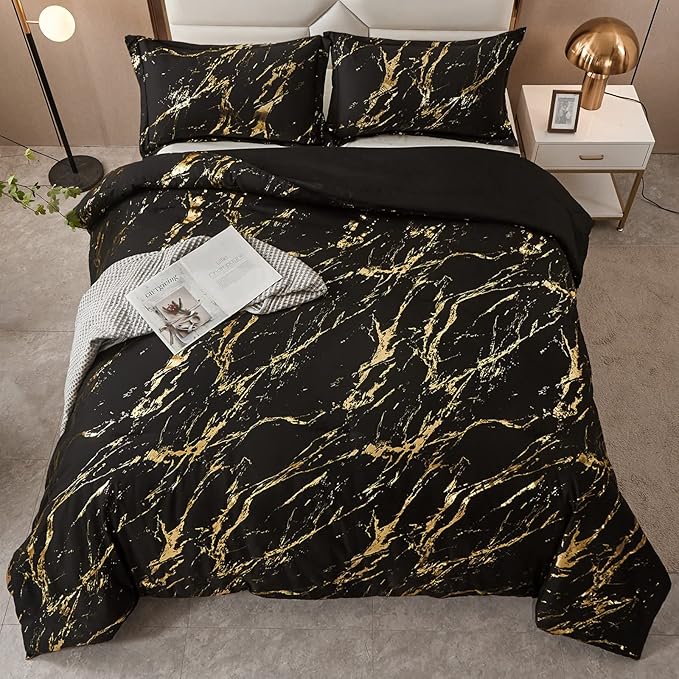 WONGS BEDDING Black Gold Metallic Marble Comforter Set Queen Foil Print Glitter Bedding Sets with 2 Pillowcases for All Seasons, Soft Microfiber Filling Bedding Duvet Set 90"x90"