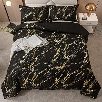 WONGS BEDDING Black Gold Metallic Marble Comforter Set Queen Foil Print Glitter Bedding Sets with 2 Pillowcases for All Seasons, Soft Microfiber Filling Bedding Duvet Set 90"x90"