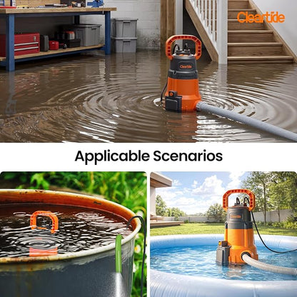 1/4 HP Submersible Utility Water Pump, 2160 GPH High Flow, Portable Sump Pump with Auto Water Sensor for Pool, Flooded Basement, Hot Tub, Pond Draining