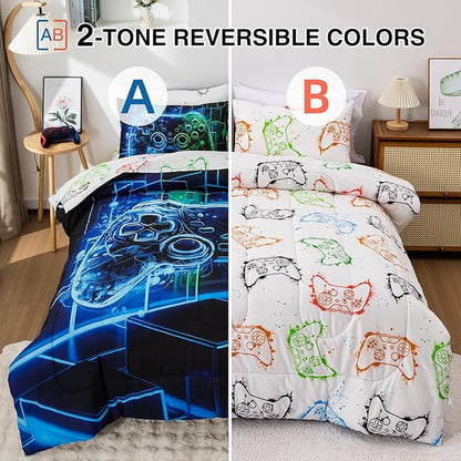 A Nice Night 5Pcs Gaming Comforter Set,Blue Green 3D Game Contoller Themed Keyboard Printing Bedding Sets for Kids Teen Boys, Reversible Comforter for All Seasons,Queen