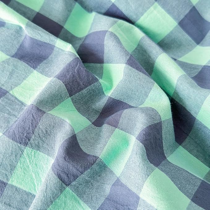FACE TWO FACE Bedding Duvet Cover Set100% Washed Cotton Duvet Cover Linen Like Textured Breathable Durable Soft Comfy (Twin, Blue Green Grid)