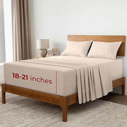 Mellanni Extra Deep Queen Sheets - 4 PC Iconic Collection Bedding - Hotel Luxury, Ultra Soft, Cooling Bed Sheets - Wrinkle, Fade, Stain Resistant (Queen, Beige)