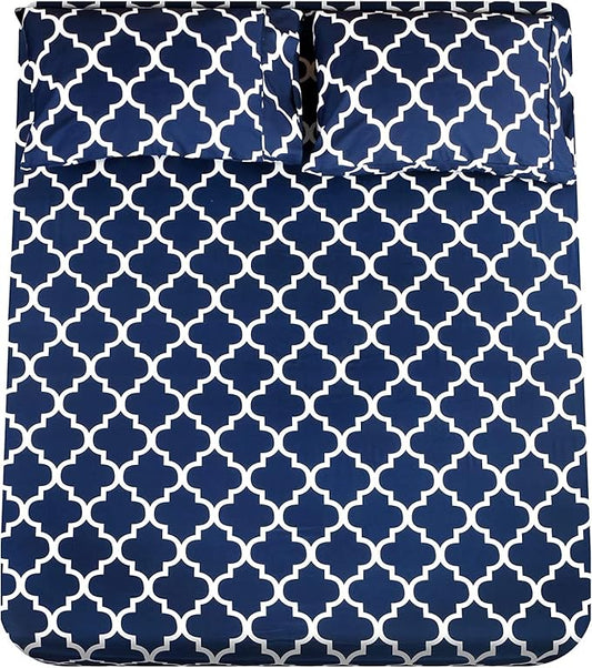 Mejoroom Full Bed Sheet Set - Super Soft Brushed Microfiber 1800 Thread Count Full Sheets with 16 inch Deep Pocket - Wrinkle Free - 4 Piece(Navy Quatrefoil with White Pattern)