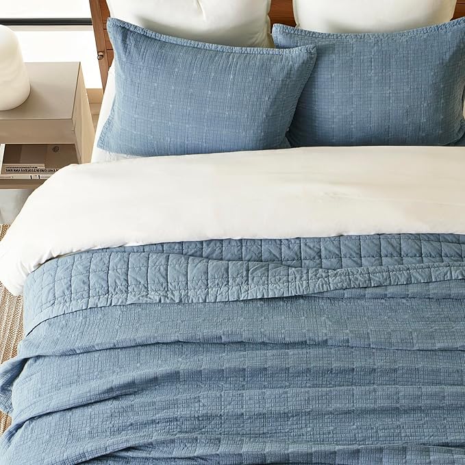 EVERGRACEHOME Stonewashed Cotton Quilt Set Full Queen Size, Ultra Soft Oversized Bedspread Coverlet Set, Lightweight Crinkle Box Stitch Bedding Sets for All Season, with 2 Shams, Sonoma Blue