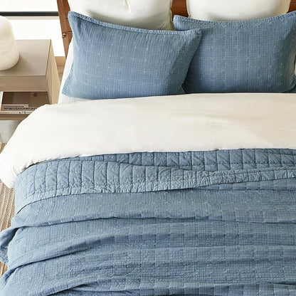 EVERGRACEHOME Stonewashed Cotton Quilt Set Full Queen Size, Ultra Soft Oversized Bedspread Coverlet Set, Lightweight Crinkle Box Stitch Bedding Sets for All Season, with 2 Shams, Sonoma Blue