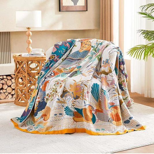 Fall Throw Blanket for Couch, Yellow Boho Decorative Throw Blanket, 100% Cotton Muslin Breathable Woven Farmhouse Blankets Quilt, 90"x98" Reversible Lightweight Blankets Bohemian Throw Quilt