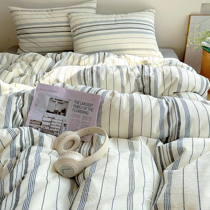 EAVD Vintage Blue Grey and White Striped Duvet Cover Queen Soft 100% Cotton Chic Stripes Bedding Set with 2 Pillowcases Retro Geometric Duvet Cover with Zipper Closure Corner Ties