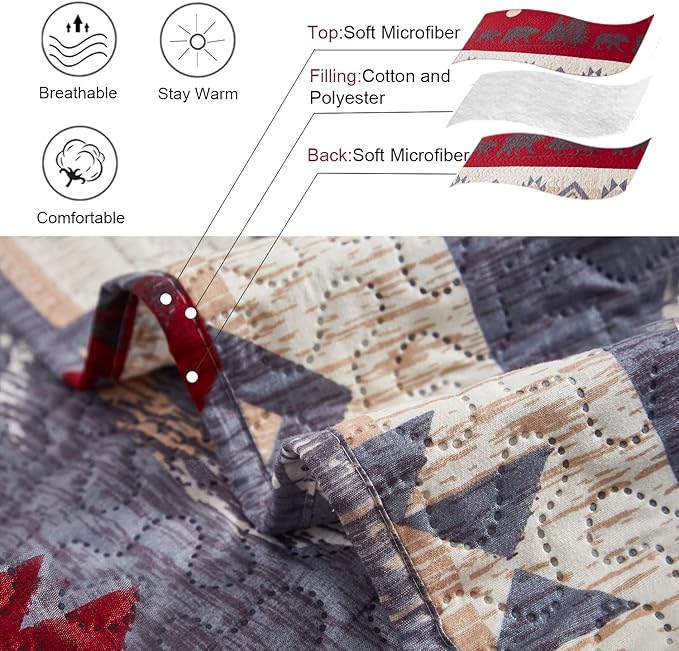 Ycosy Lodge Bear Quilt Set Full/Queen Size Cabin Rustic Bedspread Coverlets Reversible Quilts Lightweight Lodge Bedding Set Bear Sunset Printed Bed Covers,1 Quilt + 2 Pillow Shams
