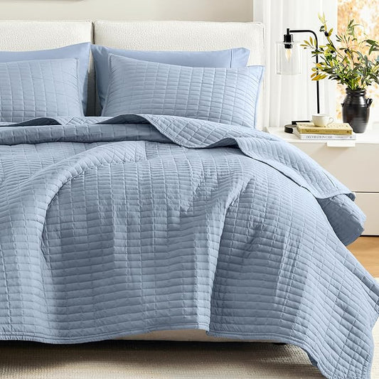 Comfort Spaces Kienna Quilt Set- Double Sided Stitching Design Summer Blanket, Lightweight, Soft, All Season Bedding Layer, Matching Sham, Blue, Coverlet King (104"x90") 3 Piece