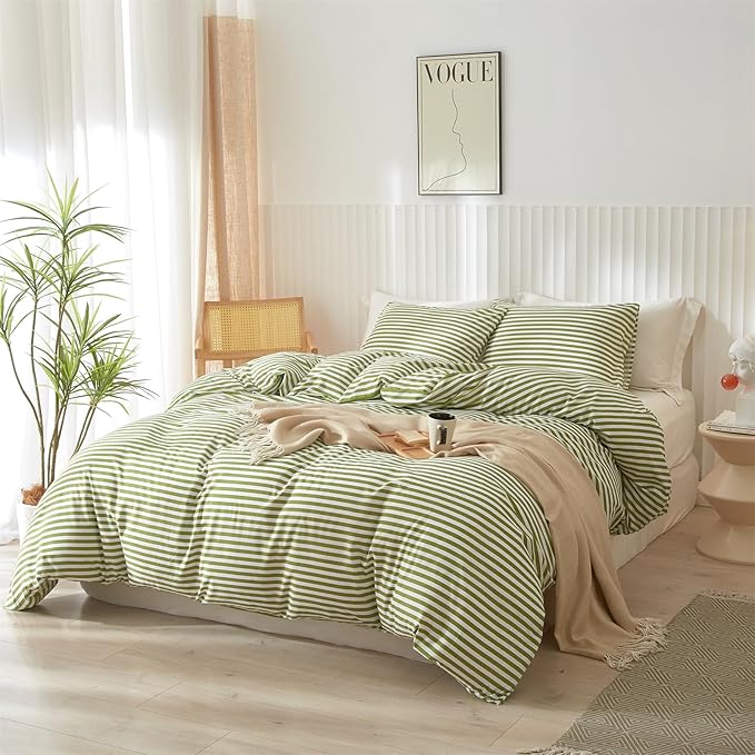 mixinni Striped Comforter Set Full Size - Green White Stripes Pattern Bed Set for All Season, 3 Pieces Lightweight Bedding Sets for All Seasons (1 Soft Fluffy Comforter + 2 Pillowcases)