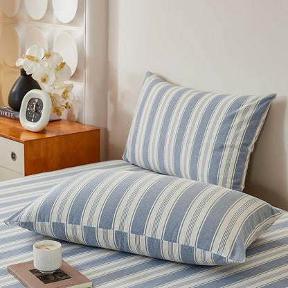 Blue Striped Duvet Cover Full Washed Cotton Boho Comforter Cover Full Size Soft Vertical Stripe Pattern Duvet Cover Set with 2 Pillowcases Farmhouse Zipper Bedding Set Pinstripe Duvet Protector