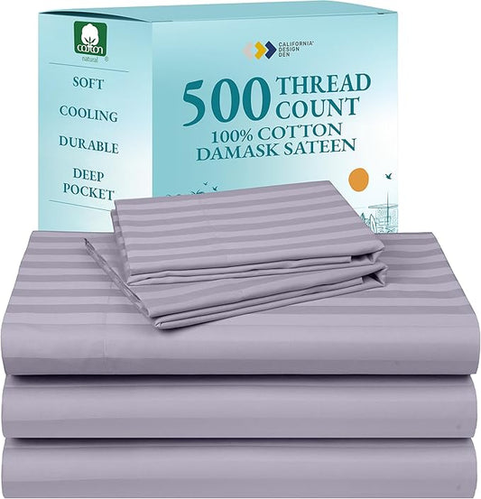 Luxury Split King Adjustable Bedsheets, Soft 100% Cotton, 500 Thread Count Sateen, Snug Fit, Set With Twin-XL Fitted Sheets, Sheets For Bed In Damask Stripe (Split King, Stripe - Lavender)