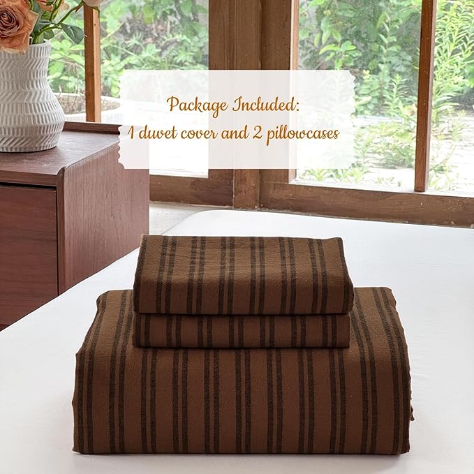 Striped Duvet Cover Set 100% Washed Cotton Linen Like Soft Feelling Breathable Bedding(Burnt Orange/Black Strip,Queen)
