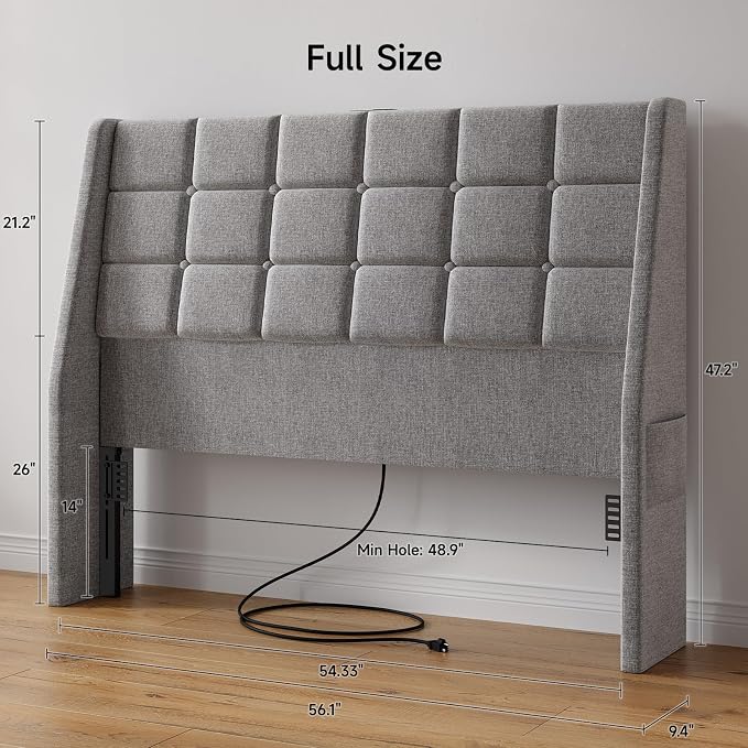 Ergonomic Upholstered Full Size Headboard w/Charging Station, Linen Wingback Headboards w/Storage Pocket, Full Headboard Only, Bed Frame Adapters, Sturdy Solid Wood Bed Head Board, Light Grey