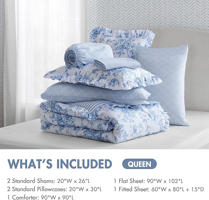 Madison Park Essentials Adele Blue Floral Queen Size Comforter Set – Vintage Bed in a Bag with Sheets, Reversible Ruffle Bedding, Elegant Gift for Her