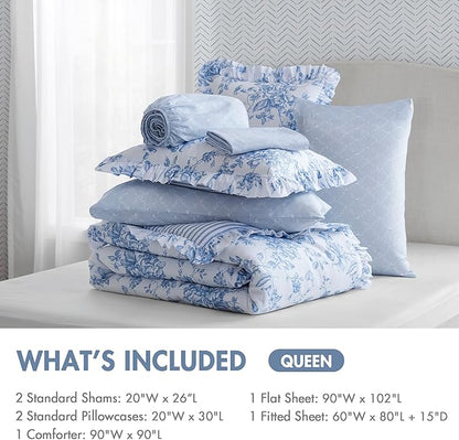 Madison Park Essentials Adele Blue Floral Queen Size Comforter Set – Vintage Bed in a Bag with Sheets, Reversible Ruffle Bedding, Elegant Gift for Her
