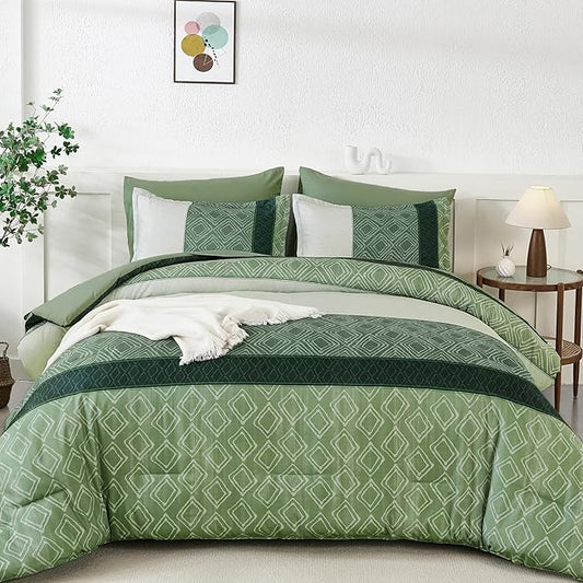 Dinjoy Green King Size Comforter Set,Striped Bed in a Bag King 7 Pieces Soft Microfiber Bedding Comforters Sets Boho Bed Complete Set for Summer All Season