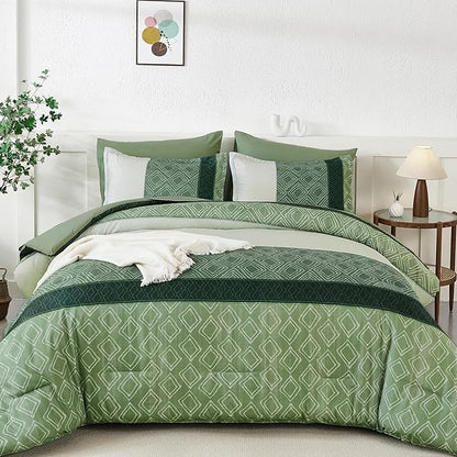 Dinjoy Queen Comforter Set Green, 7 Piece Boho Bed in a Bag Queen Size Striped Fall Bedding Sets Comforters with Plaid Bed Set with Sheets for Women Family