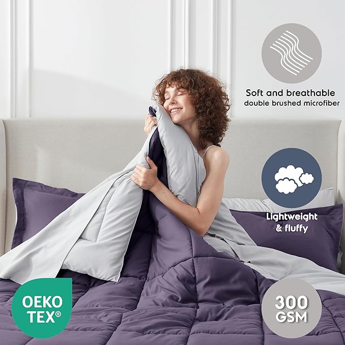 Nestl 7 Piece King Comforter Set – Purple Reversible Bed in a Bag – Complete King Size Bedding Set with Sheets, Pillowcases and Shams