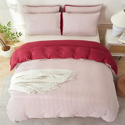 Striped Comforter Queen Brick Red Soft Luxury Washed Microfiber Jacquard 3 Pieces Bedding, White Brick Red Vertical Ticking Stripes Pattern Comforter with 2 Pillowcases Breathable Durable Comfy