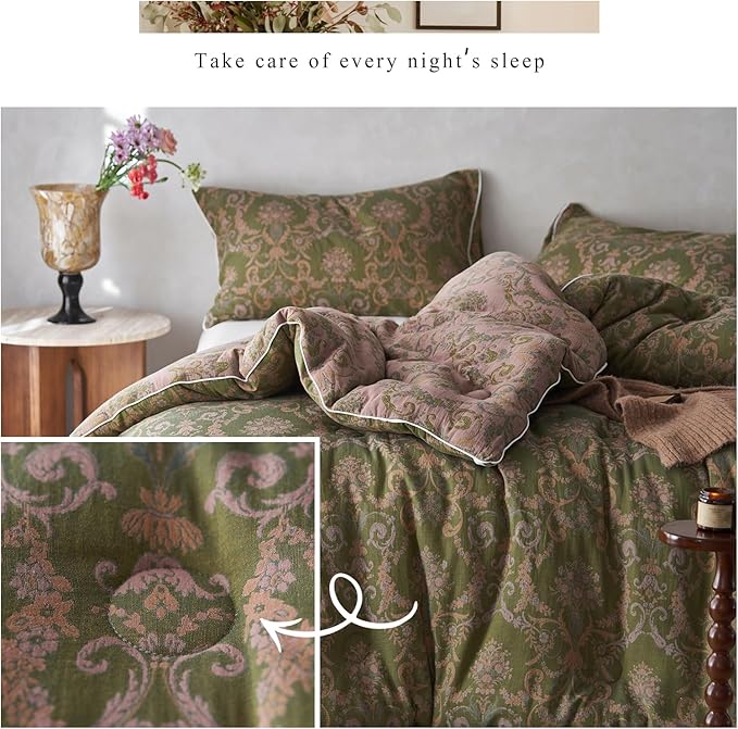 HighBuy Twin XL Comforter Set Paisley Floral Comforters Muslin Cotton Ultra Soft Twin XL Bedding Set with Floral Comforter and 2 Pillowcases Luxury Chic Bedding Comforter Olive Green