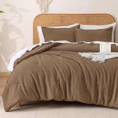 PHF Soft Waffle Comforter Set Queen Size- Comfy Breathable Waffle Weave Comforter with 2 Pillow Shams, 3 Pieces Less Snagging Lightweight Textured Bedding Set for All Season, Mocha