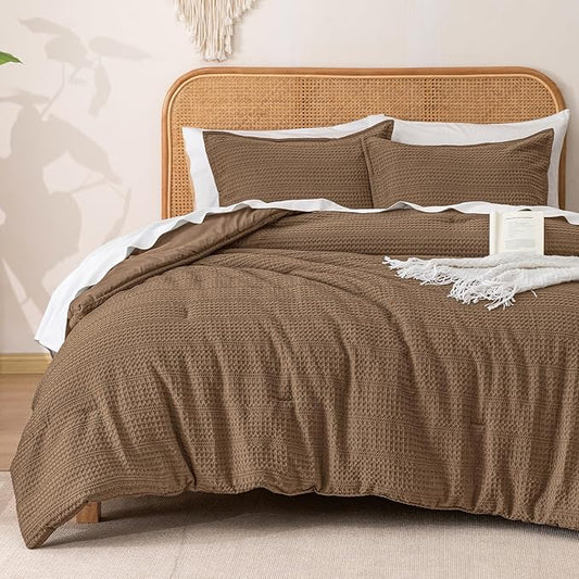 PHF Soft Waffle Comforter Set Queen Size- Comfy Breathable Waffle Weave Comforter with 2 Pillow Shams, 3 Pieces Less Snagging Lightweight Textured Bedding Set for All Season, Mocha