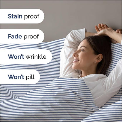 Duvet Cover Queen Size Set - Extra Soft Queen Duvet Cover 90" x 90" with 2 Pillow Shams - Hotel Luxury, Easy Care & Fade Free with Zipper Closures & Ties - Comfy, Cozy and Breathable (Blue Stripes)