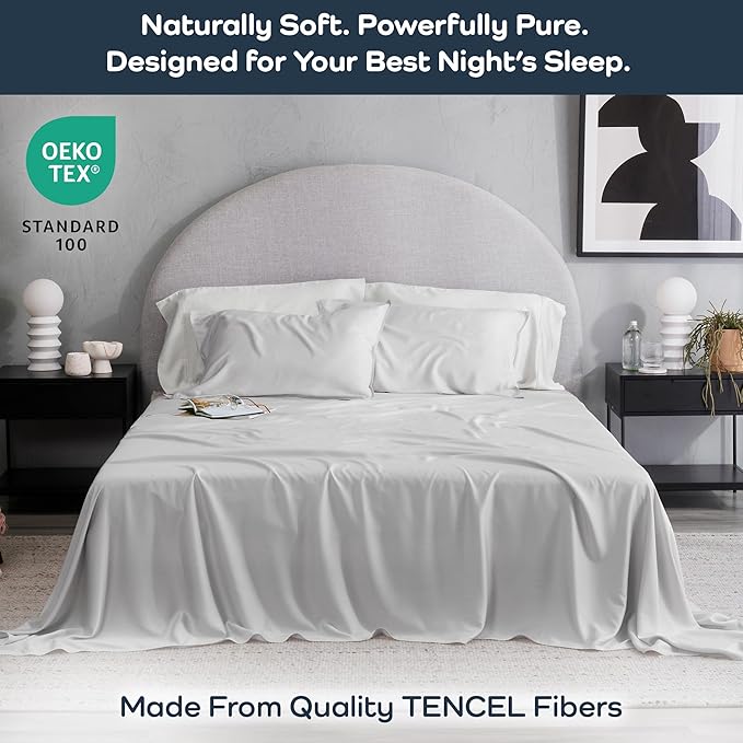 Olive + Crate Tencel Lyocell Eucalyptus Full Sheet Set - Cooling Tencel Sheets for Hot Sleepers with 16 Inch Deep Pocket Fit - Double Bed Sheets - Gray Mist 4-Piece Set