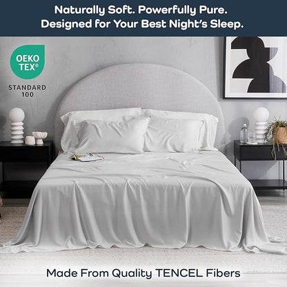Olive + Crate Tencel Lyocell Eucalyptus Queen Size Sheet Set - Cooling Tencel Sheets for Hot Sleepers with 18 Inch Deep Pocket Fit - Gray Mist 4-Piece Set