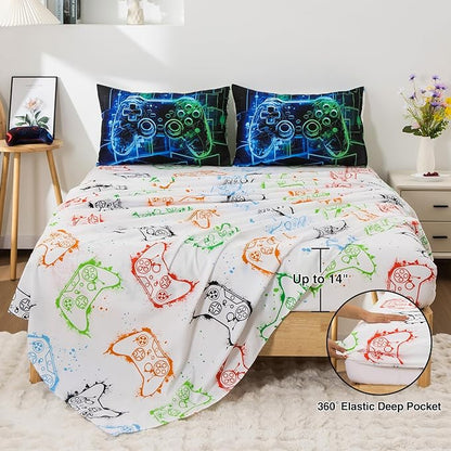 A Nice Night 5Pcs Gaming Comforter Set,Blue Green 3D Game Contoller Themed Keyboard Printing Bedding Sets for Kids Teen Boys, Reversible Comforter for All Seasons,Queen