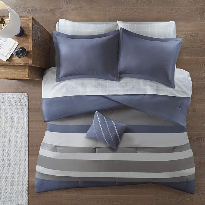 Intelligent Design Marsden Comforter Stripes Design Embroidered Toss Pillow Casual All Season Bedding Matching Sham and Complete Sheet Set, Twin, Blue/Grey 6 Piece