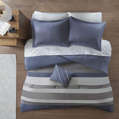 Intelligent Design Marsden Comforter Stripes Design Embroidered Toss Pillow Casual All Season Bedding Matching Sham and Complete Sheet Set, Twin, Blue/Grey 6 Piece