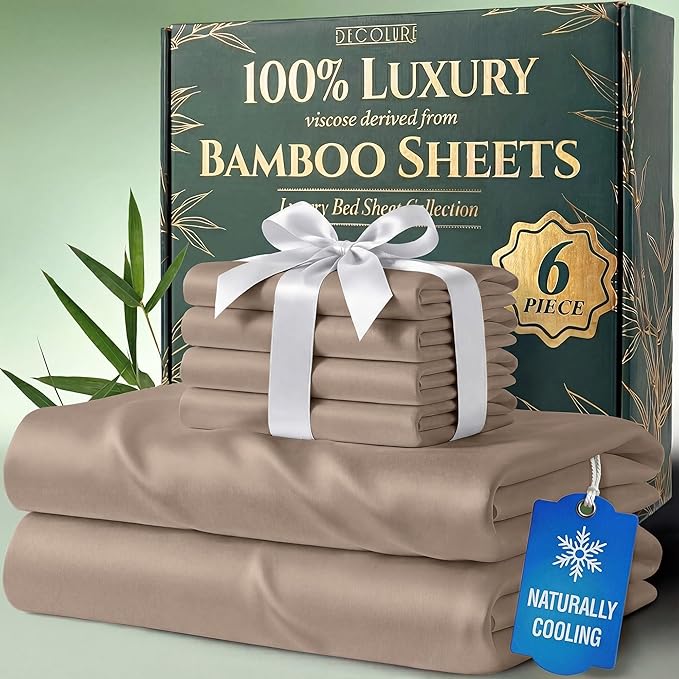 DECOLURE 100% Viscose Derived from Bamboo Sheets King Size - Luxury 6 Pc Naturally Cooling Sheets, Ultra Soft Bed Set - Deep 17" Pockets, Durable Double Stitching, Oeko Tex Standard (Taupe)