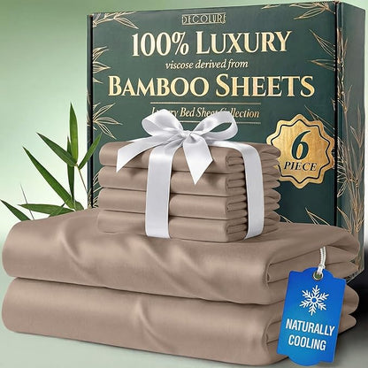 DECOLURE 100% Viscose Derived from Bamboo Sheets King Size - Luxury 6 Pc Naturally Cooling Sheets, Ultra Soft Bed Set - Deep 17" Pockets, Durable Double Stitching, Oeko Tex Standard (Taupe)