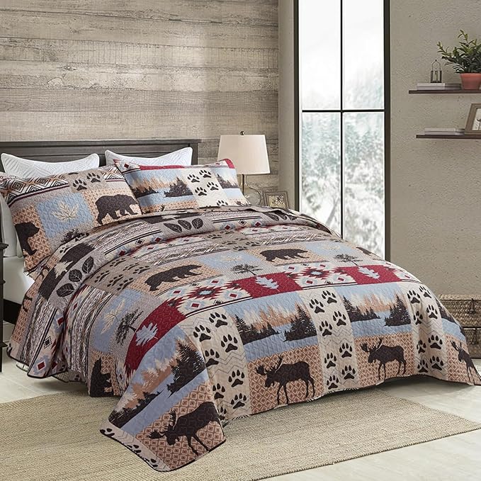 Rustic Full/Queen Size Quilt Set - Home Lodge Bedding Set with Plaid Quilts, Lightweight Reversible Bedspread Coverlet Wildlife Moose Pine Tree Bedding, and 2 Pillow Shams Decor