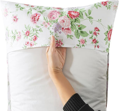 Zusbest 100% Cotton Pink Floral Pillow Cases Standard Size Set of 2, 19''×29'', Queen Size Shabby Rose Floral Pillowcases, Flower Printed Chic Pillow Covers Soft Envelope Queen Pillowcase Protectors