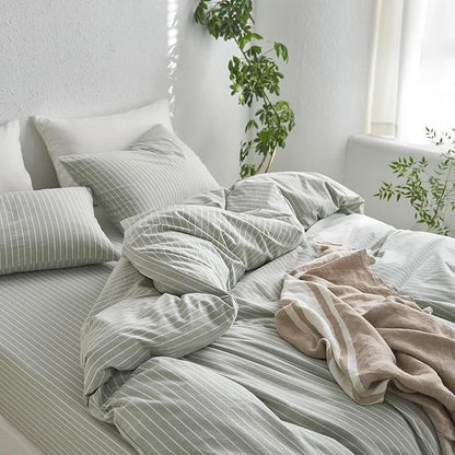 MooMee Striped Duvet Cover Set 100% Washed Cotton Linen Like Textured Breathable Durable Soft Comfy (Sage Green White Wide Stripes, Twin 68"x90")