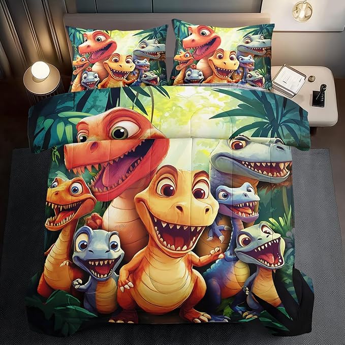 Dinosaur Comforter Set Full Boys,Cartoon 3D Dinosaur Bedding Set Full Bed Kids,3D Dragon Comforter Dragon Quilt Pattern Bedroom Decor,Cute Animal Bedding Kawaii Animal Quilt Girls