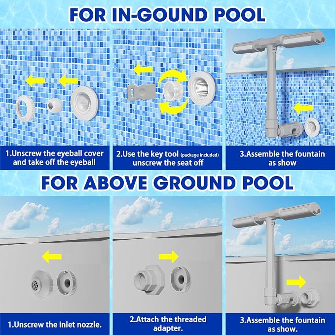 Pool Fountain for Above and Inground Pools, APP Smart Control Pool Lights with 16 Color LED Lights, Waterfall Sprinkler and Adjustable Dual Sprayer for Swimming Cooling Outdoor