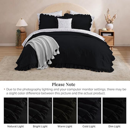 King Comforter Set - 7 Pieces Ruffle Black Bedding Sets, Shabby Chic Farmhouse Bed in a Bag King with Ruffle Comforter, Floral Sheets, Pillowcases & Shams
