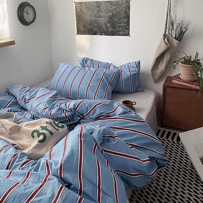 MKXI Queen Blue & Red Vertical Stripe Duvet Cover Set 3-Piece - 100% Cotton Textured Bedding with Zipper Closure & Corner Ties, Modern Coastal Vintage Aesthetic Comforter Cover