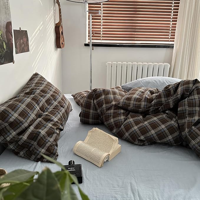 mixinni Vintage Blue & Brown Buffalo Plaid Comforter Set California King Size - 3-Piece Washed Cotton Soft Geometric Checkered Pattern Bedding Set for All-Seasons Lightweight & Breathable