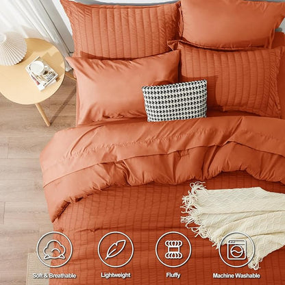 CozyLux Full Size Comforter Sets with Sheets 7 Pieces, Burnt Orange Seersucker Bed in a Bag Textured Luxury Soft Bedding Sets with Down Alternative Comforter, Sheets, Pillowcases & Shams, Terracotta