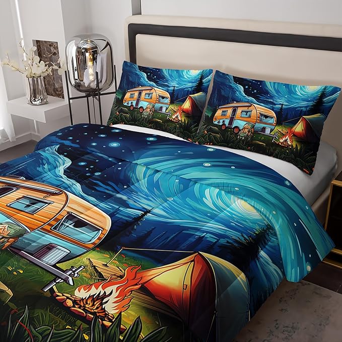 Short Full Quilt Bedding Set for RV Camper - Camping Theme Comforter Set, Vintage Rustic Farmhouse Boho Travel-Inspired Design