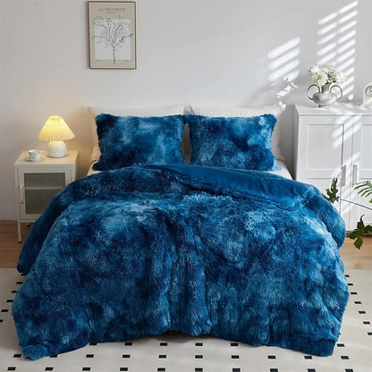Wajade Faux Fur Plush White Comforter Set Fluffy Fuzzy Shaggy Bedding Set - 3PC Full/Queen Microfiber Soft Warm Quilt Set (Tie Dye Blue White, King)