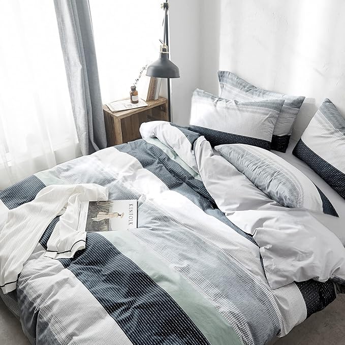 VM VOUGEMARKET Bedding Striped Duvet Cover Queen,3 Pieces Blue Gray Duvet Cover Sets, Cotton,Modern Simple Comforter Cover for Teens Men-Full/Queen,Martin