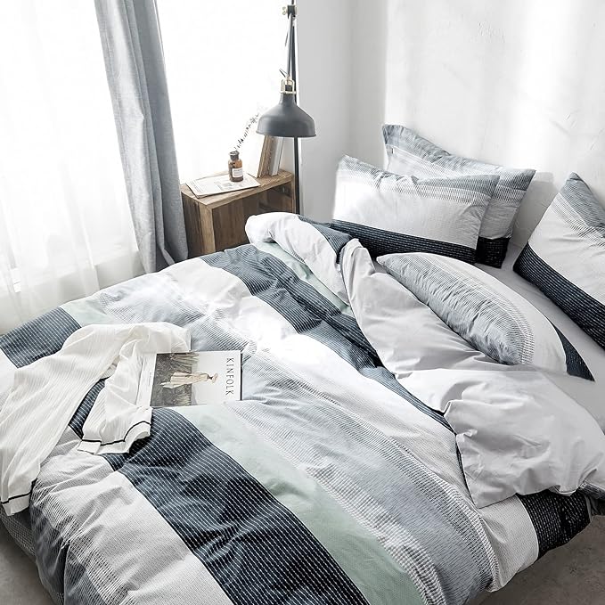 VM VOUGEMARKET Striped Duvet Cover Full,3 Pieces Blue Gray Duvet Cover Sets-100% Cotton Modern Simple Comforter Cover with Zipper for Teens Boys Men-80x90 Inch