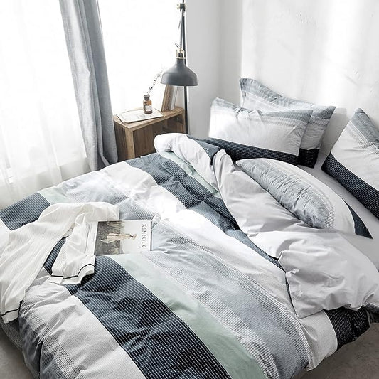 VM VOUGEMARKET Striped Duvet Cover Full,3 Pieces Blue Gray Duvet Cover Sets-100% Cotton Modern Simple Comforter Cover with Zipper for Teens Boys Men-80x90 Inch