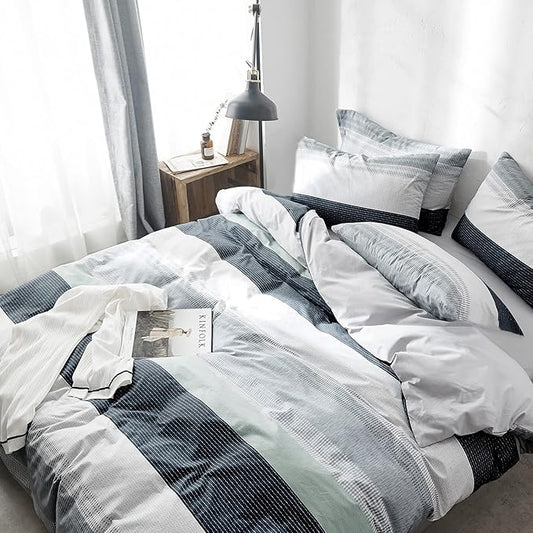 VM VOUGEMARKET Stripes Duvet Cover Set Twin,Blue Green Striped Duvet Cover with 2 Pillowcases for Teens,100% Cotton Modern Cozy Comforter Cover with Zipper Closure & Corner Ties 68"x90"(3pcs,Twin XL)